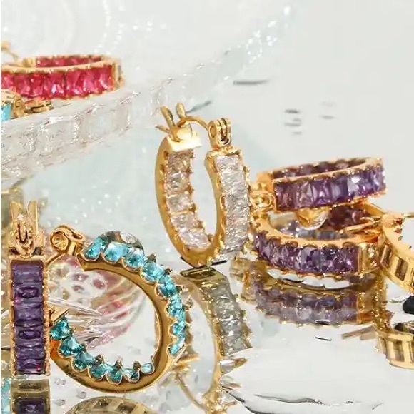 ◾️18K Gold Plated Marquis 3A CZ Crystal Hoop Earrings - Picture 6 of 13